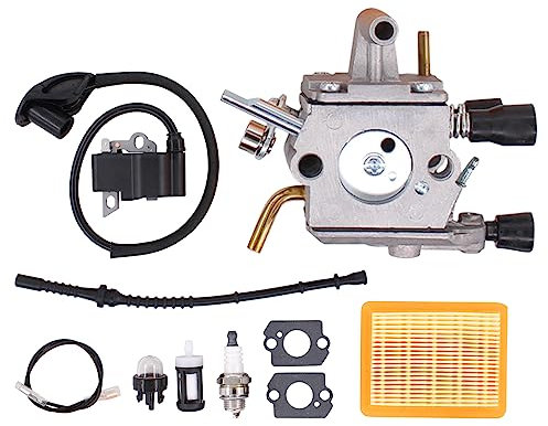 Vergaser Ersatz Rasenmäher mit Vergaserfilter Zündspule Kraftstofffilter Luftfilter Zündkerze Kraftstoffleitung Kraftstoffschlauch Ansaugpumpe Dichtung Satz für FS120 FS120R FS200 FS250 FS 350 FS300