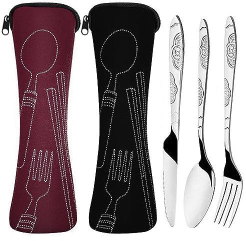 KIPTVO 2 Pack Camping Cutlery Set, Stainless Steel Travel Cutlery Set Portable Cutlery Set Portable Organizer Bag for Picnic School Knife Fork Spoon (Black, Date Red)