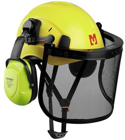 Mustbau Chainsaw Safety Helmet, Protective Helmet with Earmuffs and Mesh Visor, 53 to 63 cm Adjustable Headband Suitable for Forestry, Construction, Work