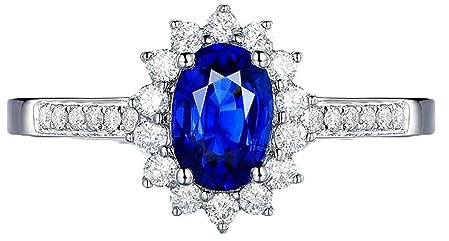 AMDXD Verlobungsring Echtes Saphir, Trauringe Weiß Gold 750 Saphir 1.07ct Diamant 0.32ct Solitärring Ovalschliff Blau, Diamantring, Gr.62 (19.7)