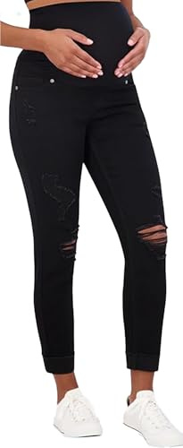 Savi Parker Women’s Ripped Maternity Jeans Over The Belly - Fall Maternity Clothes-Motherhood & Pregnancy Jeans, Maternity Clothes – 27” Inseam (M, Black Rinse)