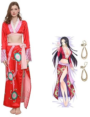Shawla Boa Hancock Cosplay Kostüm Kimono Element Rot Cheongsam Halloween Dress Up Set,XXL-Red