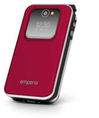 Emporia JOY Flip Mobile Phone, ideal for the elderly, large 2.8 screen, external screen for caller ID, 2MP camera, charging cradle included, unlocked. easy to use - Red