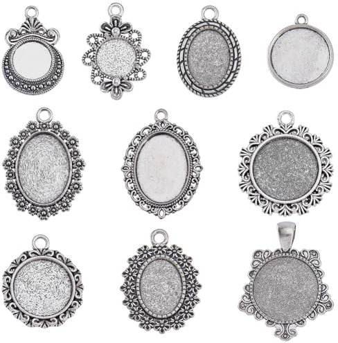 SUNNYCLUE 1 Box 40Pcs Pendant Trays Charm Cabochon Bezels 12mm~18x25mm Round Oval Cabochons Vintage Style Antique Silver Blank Bezel Tray Memorial Photo Charms for jewellery Making Charms DIY Bouquet