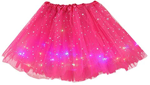 Alecony Tüllrock Damen mit LED Lichter Karneval Kostüm Sternen Pailletten Tütü Rock Tutu-Rock Rockabilly Petticoat Tutu Unterrock Prinzessin Rock für Party Ballett Tanzen (Hot Pink, One Size)