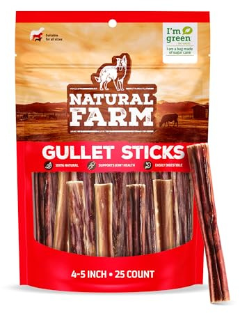 Natural Farm Gullet Sticks (4-5 Inch, 25 Pack), Grain-Free, Preservative-Free & Fully Digestible Beef Esophagus – Gentle Yet Effective Fun - Best for Light, Pups & Senior Chewers
