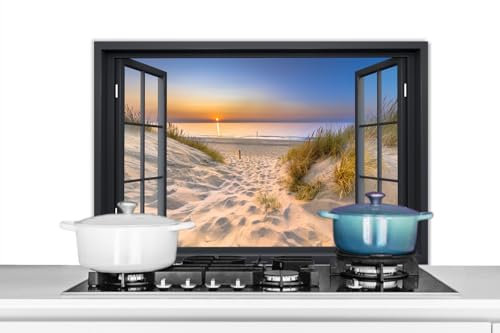 KitchenYeah© Crédence Cuisine 80x55 cm Aluminium Accessoire Déco Protège Mur Plaque Protection Anti Éclaboussure Évier Fenêtre - Plage - Coucher de Soleil - Mer - Nature