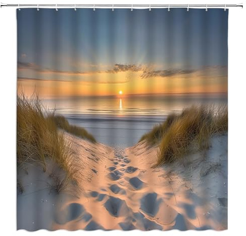 HHKJKJ Strand-Duschvorhang, Ozean, Sonnenaufgang, Meeresküste, Sand, Gras, Küste, friedliche Ostsee, Meereslandschaft, Zuhause, Badezimmer, Dekor mit Haken, 178 cm B x 178 cm H