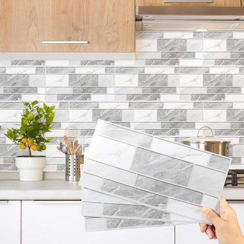 Decoroom Tile Stickers Grey White 24pcs/15x30cm Peel and Stick Vinyl Brick Self Adhesive Wall Tiles Waterproof DIY Home Decor Stick on Kitchen Transfers Bathroom Backsplash