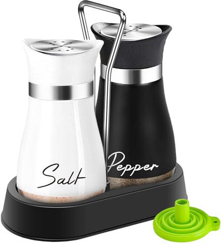 UDQYQ Salt and Pepper Shakers Set with Holder,Cruet Sets Stainless Steel Salt and Pepper with Glass Bottom,Refillable Salt Shaker Kitchen Gadgets for Counter Modern Decor Table (Black + White)