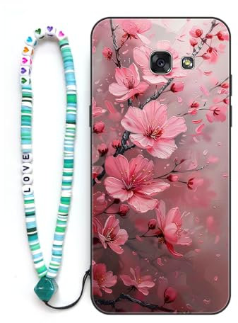 Sinyunron Hülle Kompatibel mit Samsung Galaxy A5 2017,Handyhülle 2-in-1 Hybrid Set [Stoßfeste TPU Schutzhülle+Gemusterte Rückseite],Handy Schutzschale mit Buntes Schlüsselband,Pfirsichblüte