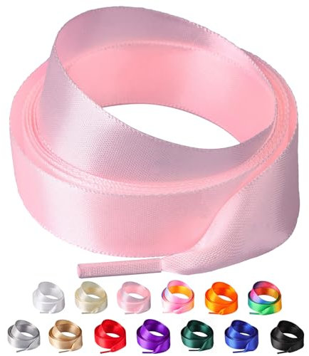 Olukssck 2 Paires de Lacets Chaussures en Rubans de Satin, 2cm de Large Lacets pour Femmes et Filles, Ruban en Soie Lacets Plats pour Chaussures Baskets, Chaussures Course, Rose, 80cm