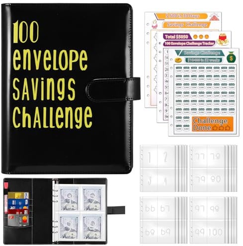 Geld Sparen Challenge, 100 Envelope Saving Challenge A5 Sparbuch für Geld Challenge- Sparchallenge Budgetplaner mit 25 Geldumschläge 3 Markierungskarten Und Stift Geld Organizer für Zuhause, Schule