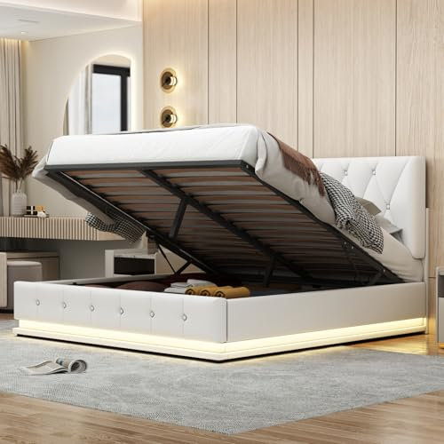 RTYUSWL Polsterbett, Queen-Size-Größe mit LED-Licht, gerades weißes Leder, mit Stauraum, mit USB-Ladekabel, Samtstoff, Plattform-Bettgestell, kein Boxspringbett erforderlich, für Jugendliche und