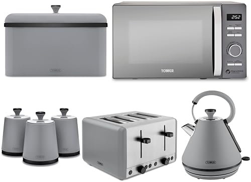 Tower Sera Pyramid Kettle, 4 Slice Toaster Breadbin & Canisters in Grey with Smoked Black Trim and 800W 20L Renaissance Microwave T24039GRY. Matching Tower Kitchen Bundle Set of 7 in Grey