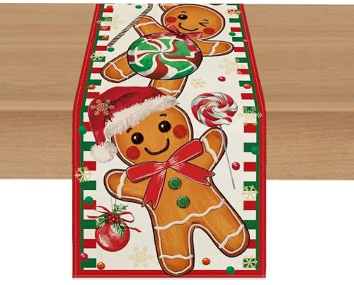 DIELOVEHUA Weihnachten Tischläufer, Weihnachtstischdecke, Weihnachten Lebkuchenmann Zuckerstange Tischdecken, Winter Küche Tisch Dekoration, für Winter Weihnachten Party Dekoration(13x72 Inch)