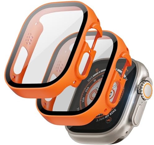 GEEDOOWIN 2 Pack Case for Apple Watch Ultra 2/Ultra Screen Protector Case 49mm, Built-in Tempered Glass Film Full Protection Anti-scratch Hard PC Face Cover for iwatch Ultra 2/Ultra 49mm, Orange