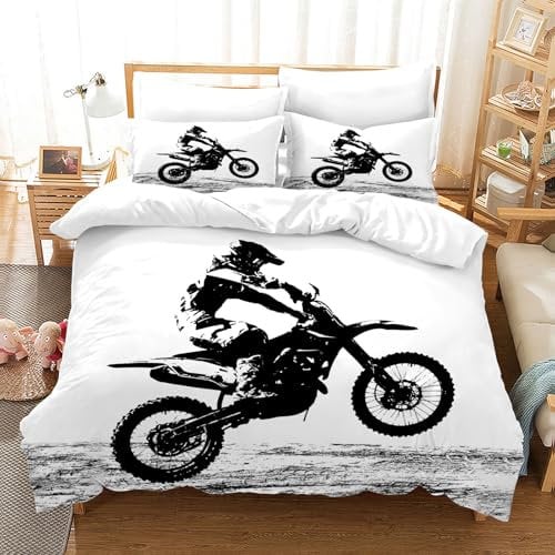 Motorrad Bettwäsche 135x200,3D Druck Motorrad Muster Bettwäsche Sets,Weiche Komfort Mikrofaser Bettbezug Mit 2 50x75cm Kissenbezügen, Für Erwachsene Und Kinder (Motocross-B, 135x200cm)