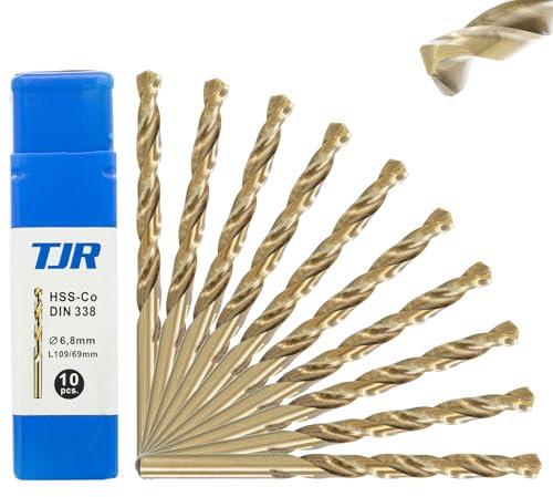 TJR® HSS-E M35 Ø 6,8mm Kobalt Spiralbohrer Set 10 Stück, Selbstzentrierend, Schnellarbeitsstahl, DIN 338 Typ N, 135° Splitterschneide, Metallbohren für Stahl, Edelstahl und Gusseisen
