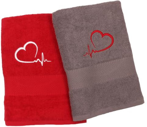 Tibex Handtuch „Stickerei Herz mit Herzschlag“ 70x140, Handtücher Set aus Baumwolle, Badetuch, Dustuch, Gästehandtücher, Valentinstag, Jahrestag
