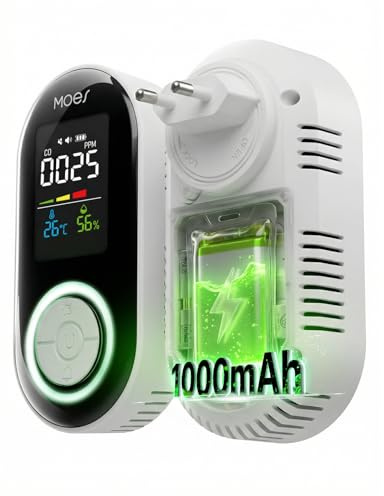 MOES Kohlenmonoxid Melder für Steckdose mit 1000mAh Akku, 3-in-1 CO Melder | mit Akustischem 85dB Alarm, Temperatur & Luftfeuchtigkeit Display, CO Warngerät für Zuhause, Reise und Wohnmobil