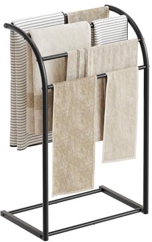 YATINEY 4-stufiger Handtuchständer, freistehender Handtuchhalter stehend mit gebogener Oberseite, Metallgestell, Badetuchhalter, Handtuchregal, für Handtücher Decken Bademäntel, Schwarz XCJ07BK
