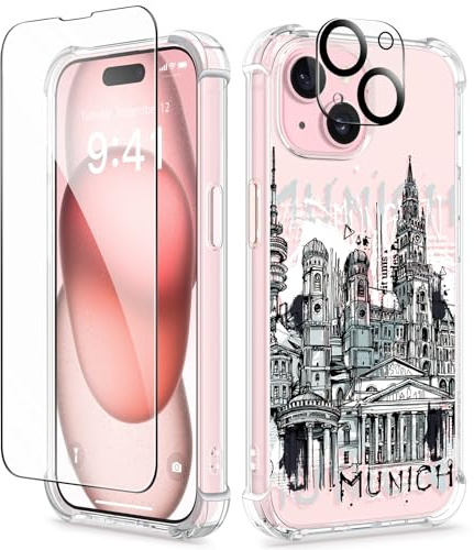 GVIEWIN Kompatibel mit iPhone 15 Hülle 6,1 2023, mit Displayschutzfolie + Kameraschutz, [Militärischer Schutz] Anti-Gelb Klar TPU Dünn Stoßfest Kratzfest Handyhülle,Stadt München