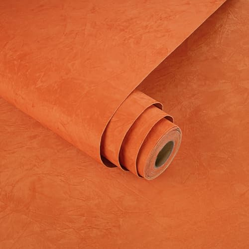 Yullpaper Peel and Stick Orange Velvet Wallpaper Vinyl Wrap for Furniture Bedroom Wallpaper Orange Flocked Fabric Sticky Back Plastic Roll Worktop Vinyl Covering Gift Wrapping Paper 60cm x 300cm