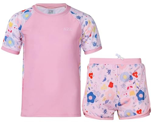 A2Z 4 Kids Girls Boys Two Piece Swimming Costume Rash Guard Top & Swim Shorts Set - SW Swimsuit 899 Pink 11-12