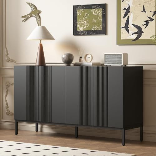 OLIVIBED Sideboard mit Verstellbare Ablage, Kommode mit 4 Türen, Highboard mit Füße und Metallgestell, Küchenschrank für Wohnzimmer, Esszimmer, Flur, Küche, Griffloses Design, 145x41x80cm, Schwarz