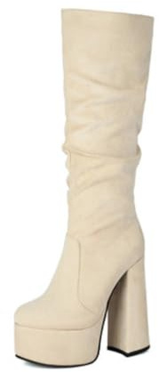 Stivali Morbidi al Ginocchio da Donna Punta Tonda Tacco Alto Largo Platform Tomaia in Camoscio Cerniera Laterale Slip on Scarpe Eleganti Festa,Beige,46.5 EU