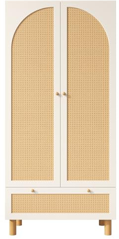 Kleiderschrank mit 2 Türen & Rattan, Weißer Landhausstil-Garderobenschrank mit großer Schublade, höhenverstellbaren Regalen & Kleiderstange, inkl. Kippsicherung, 180x85x52 cm (H/B/T) – Kleiderschrank