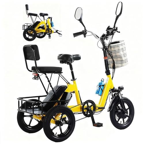 E Bike Klapprad, 3-Rad Elektro-Dreirad für Erwachsene, Mit Telefonhalter und Ladepforte und Doppelkörbe – 48V Bürstenloser Motor, 11–20 km/h, Doppelte Bremsen,für Stadtfahrten & Einkäufe Yellow