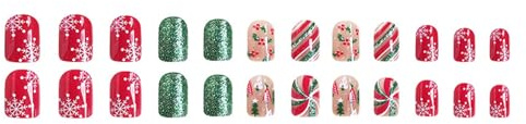 Lot de 24 faux ongles carrés courts avec sapin de Noël à paillettes vertes