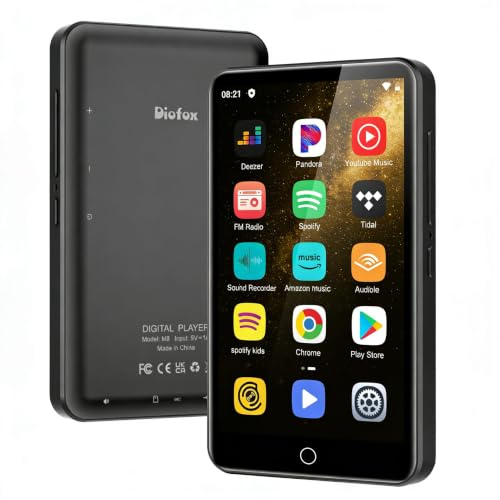 Diofox MP3 Player Spotify, 80GB MP3 Player mit Bluetooth WiFi, 4.0 Inch Full Touchscreen, Android Streaming Music Player, Amazon Music, Deezer, FM Radio, Play Store, Erweiterbar auf bis zu 1 TB