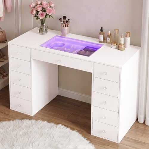 FENCHILIN Schminktisch mit RGB Beleuchtung und 11 großen Schubladen，Weiß | 130 x 55x 81 cm Moderner Schminktisch mit transparenter Tischplatte aus gehärtetem Glas für Schlafzimmer und Ankleidezimmer.