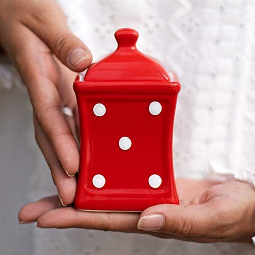 City to Cottage Small Ceramic Spice Jar with Lid, Square Seasoning Container for Home Kitchen, Condiment Pot, Seasoning, Spice Canister, Herb Storage Jar, Handcrafted Red Polka Dot