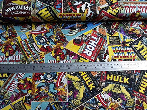 Crazyladies Textiles Stoff für Kleider, Vorhänge, Möbel, Disney-Marvel-Superhelden, 100 % Baumwolle, bedruckt, Meterware, Textil, Marvel Comic Book, 1 m