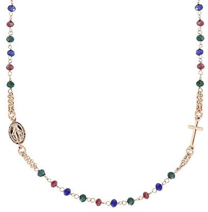 Linea Italia Gioielli - Rosenkranz-Halskette für Damen aus 925er Silber mit Rose vergoldet mit Kreuz, Madonna-Medaille und bunten Steinen - Schmuck “Made in Italy” zertifiziert