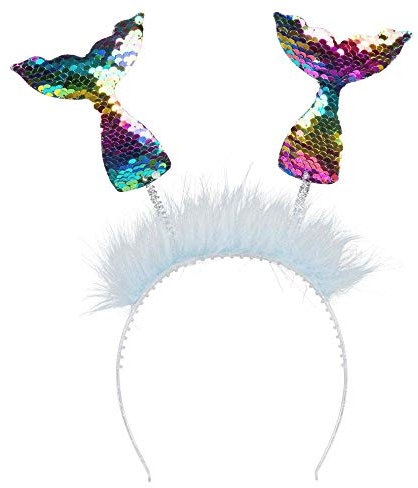 Boland 51021 - Tiara Nixe, 1 Stück, Einheitsgröße, mehrfarbige Pailletten, 2 Schwanzflossen auf Haarreif mit weißem Plüsch, Regenbogen, Meerjungfrau, Kopfschmuck, Accessoire, Kostüm, Verkleidung