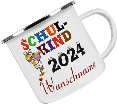 Crealuxe Emaille Tasse Schulkind 2025 MÄDCHEN MOTIV - Kaffeetasse mit Motiv, Campingtasse, bedruckte Emailletasse mit Wunschtext, Personalisiert mit Name