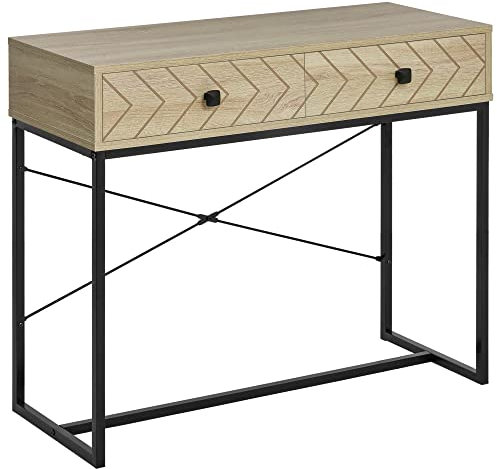 HOMCOM Table Console Table d'entrée Industriel 2 tiroirs Bois Naturel Pieds métal dim. 90 x 35 x 76 cm