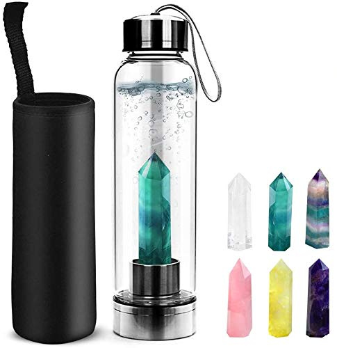 HINATAA Natural Cristal Botella de Agua, Botella de Cristal con Gemas de Cristal extraíbles,Prueba de Fugas Agua portátil Curativo de Cuarzo Botella con Manga Protectora 550ML(Verde Esmeralda)