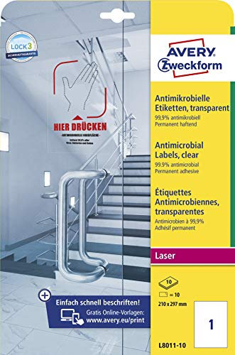 AVERY Zweckform L8011-10 selbstklebende Folie antibakteriell A4 (entfernt 99,9% aller Bakterien, Viren, Keime, 10 Hygieneaufkleber, permanente Etiketten für Türgriffe, Kontaktflächen) 10 Blatt