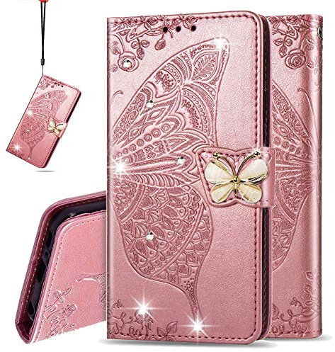 IMEIKONST Compatible with iPhone 13 Mini 5.4 inch Wallet Case with Card Holder, Diamond Embossed Premium PU Leather With Magnetic Flip Stand Cover for iPhone 13 Mini. Cystal Butterfly Rose Gold SD