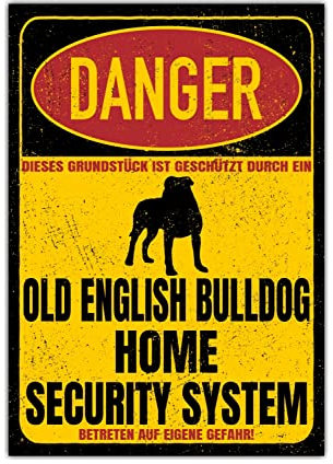 Old English Bulldog OEB Schild Danger Security System Türschild Hundeschild Warnschild Hund Sicherheitsschild Hund Privatgrundstück Hundewarnung Warnung vor dem Hund