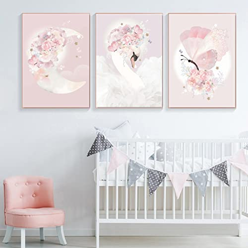 3er Set Wandbilder Kinderzimmer Poster, Rosa Blumen Mond Schwan Poster Set Babyzimmer Wandbilder Schlafzimmer Babyzimmer Mädchen Jungen (21x30cm)
