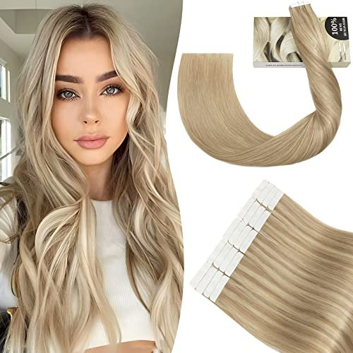 SEGO Tape Extensions Echthaar Kleber Band Highlights 20 Pcs/ 50g Echthaarverlängerung Human Hair Hellblond Highlights Ashblond #16/22 22(55cm)-50g