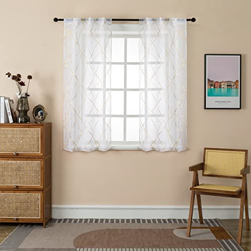 GIRASOLE HOME® Coppia Tende Voile Filtranti Fantasia Geometrica Dorata Tenda Bianca per Interni con Tasca e Passanti Nascosti 2 Pannelli (Geometria Oro, 70x145cm)
