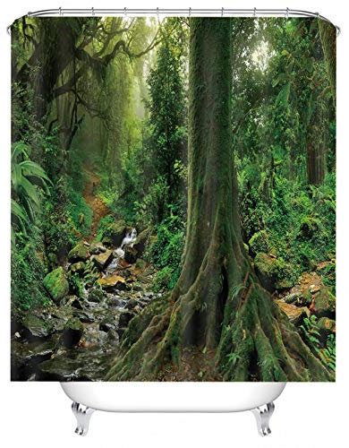 EHOMERY Duschvorhang Textil Duschrollo Halterung Urwald Polyester Grün Rostfreie Ösen Und 12 Hakenringe, 160X180Cm